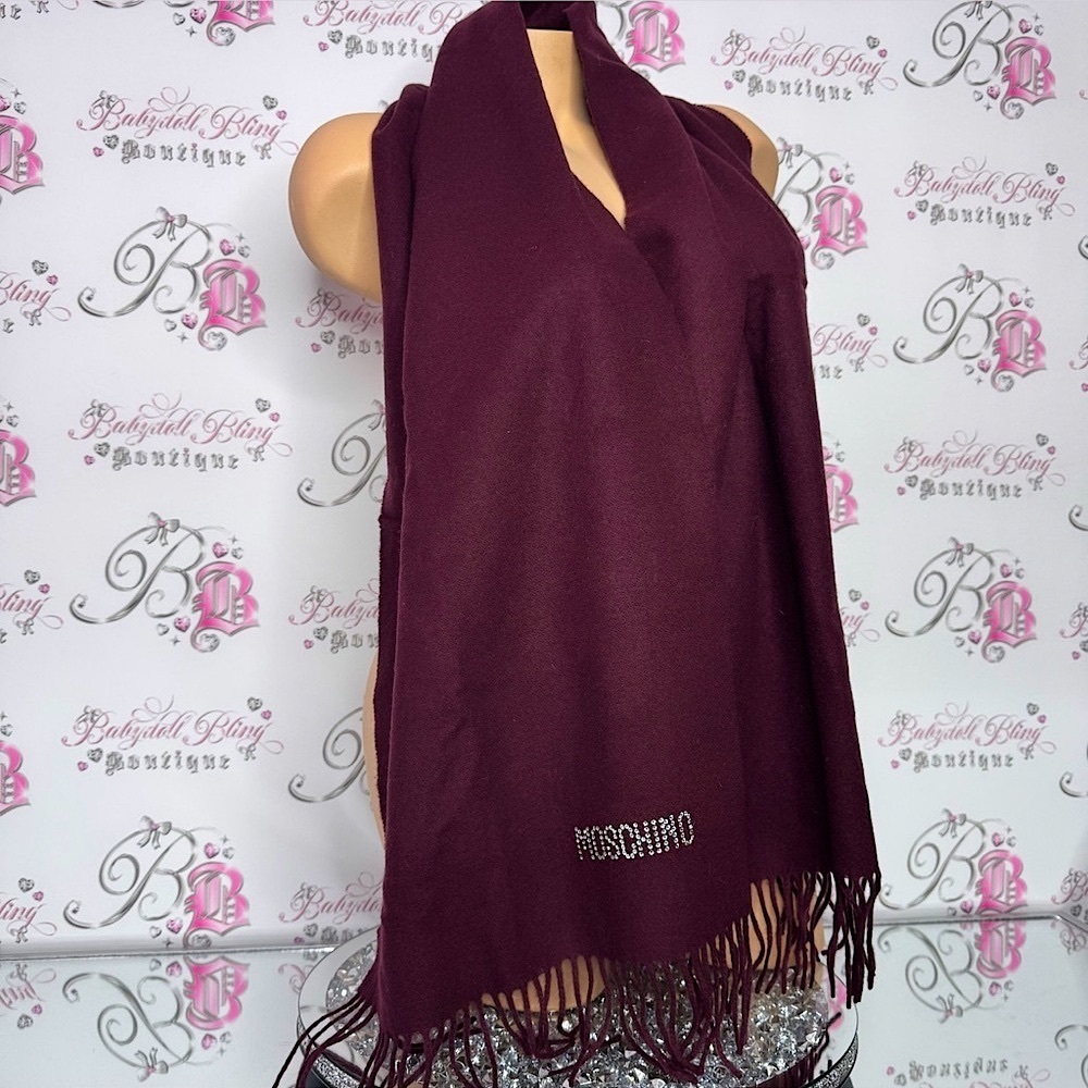 Moschino scarf scarve wrap burgundy purple red Swarovski crystals silver sparkle